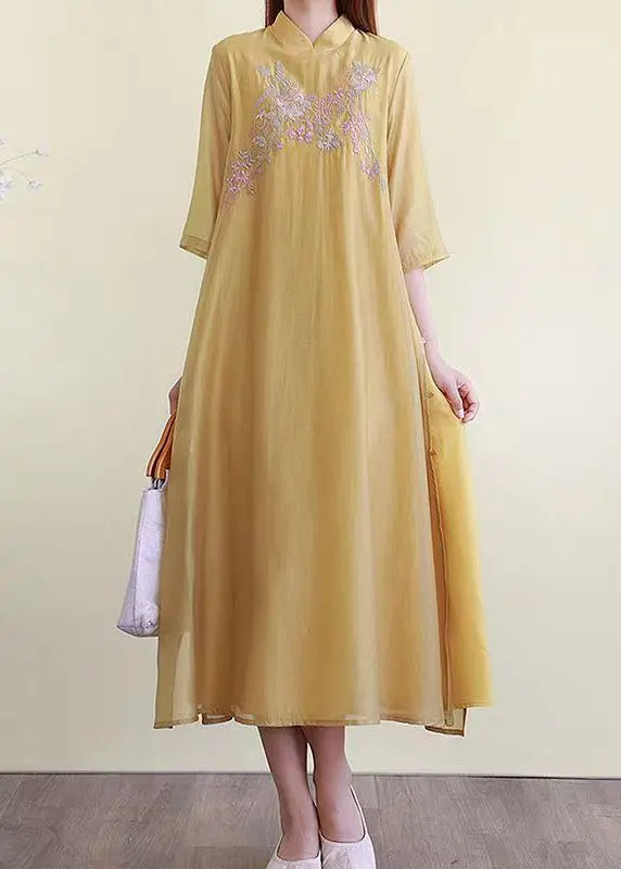 Chinese Style Pink Embroideried Side Open Cotton Dresses Summer Ada Fashion