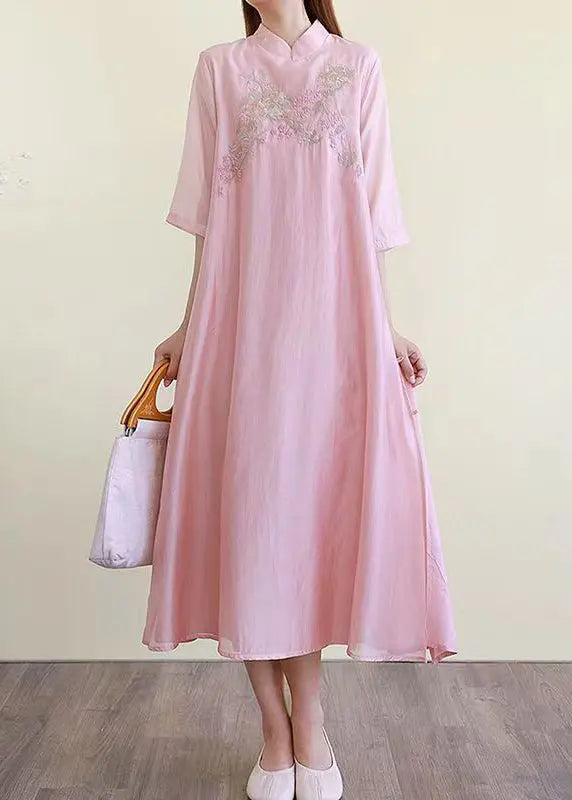 Chinese Style Pink Embroideried Side Open Cotton Dresses Summer Ada Fashion