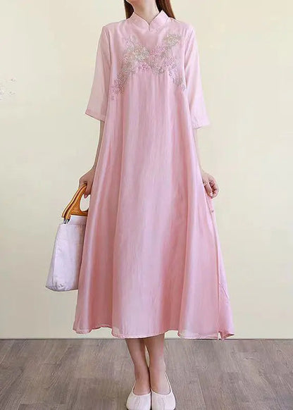 Chinese Style Pink Embroideried Side Open Cotton Dresses Summer Ada Fashion