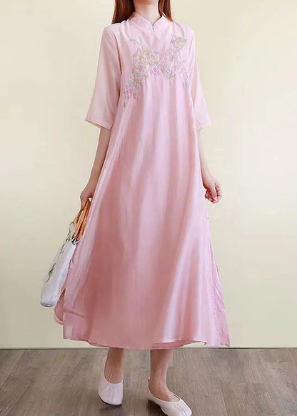 Chinese Style Pink Embroideried Side Open Cotton Dresses Summer Ada Fashion