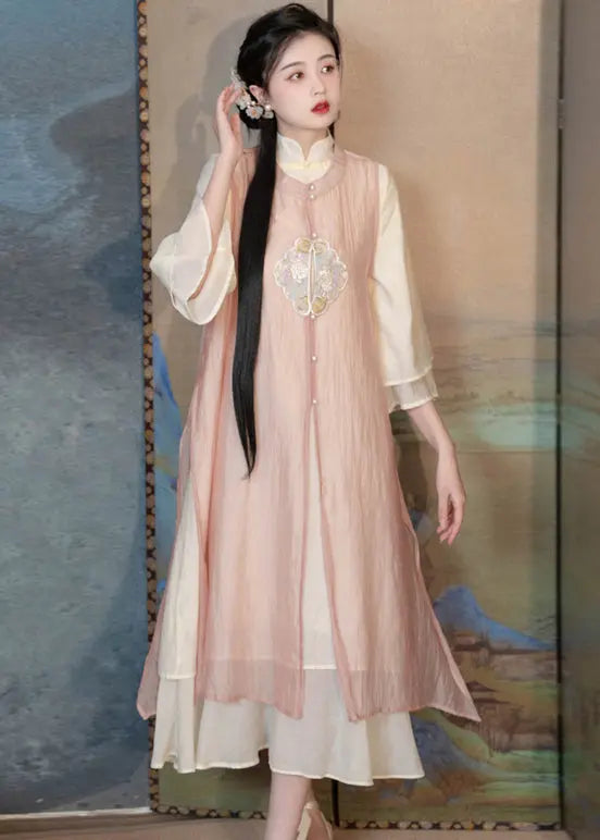 Chinese Style Pink Embroideried Side Open Patchwork Chiffon Two Piece Set Summer Ada Fashion