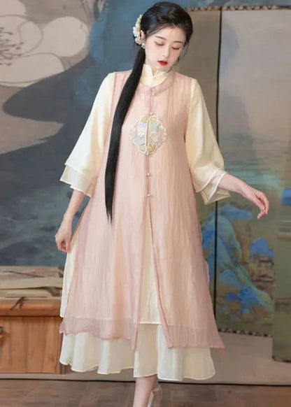 Chinese Style Pink Embroideried Side Open Patchwork Chiffon Two Piece Set Summer Ada Fashion