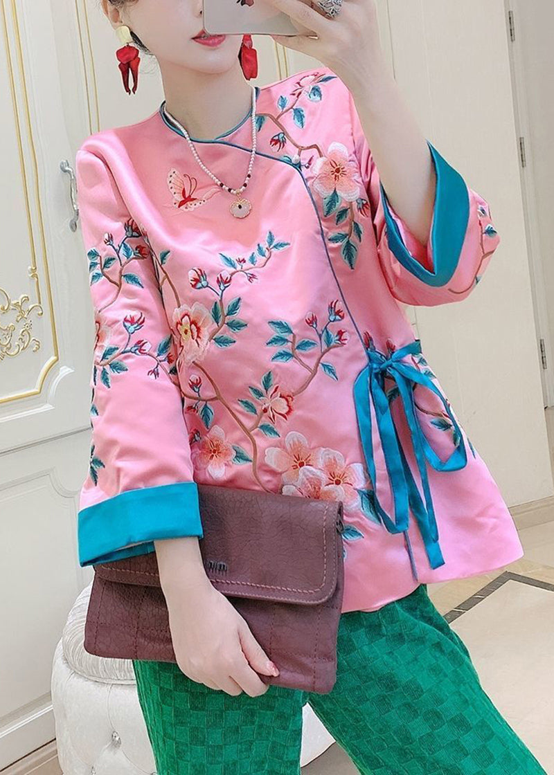 Chinese Style Pink Embroideried Tie Waist Silk Shirt Tops Spring LY2762 - fabuloryshop