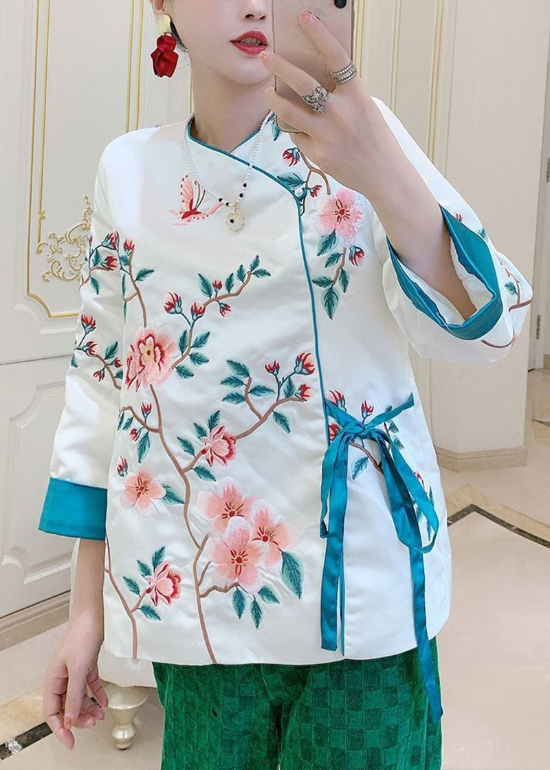 Chinese Style Pink Embroideried Tie Waist Silk Shirt Tops Spring LY2762 - fabuloryshop