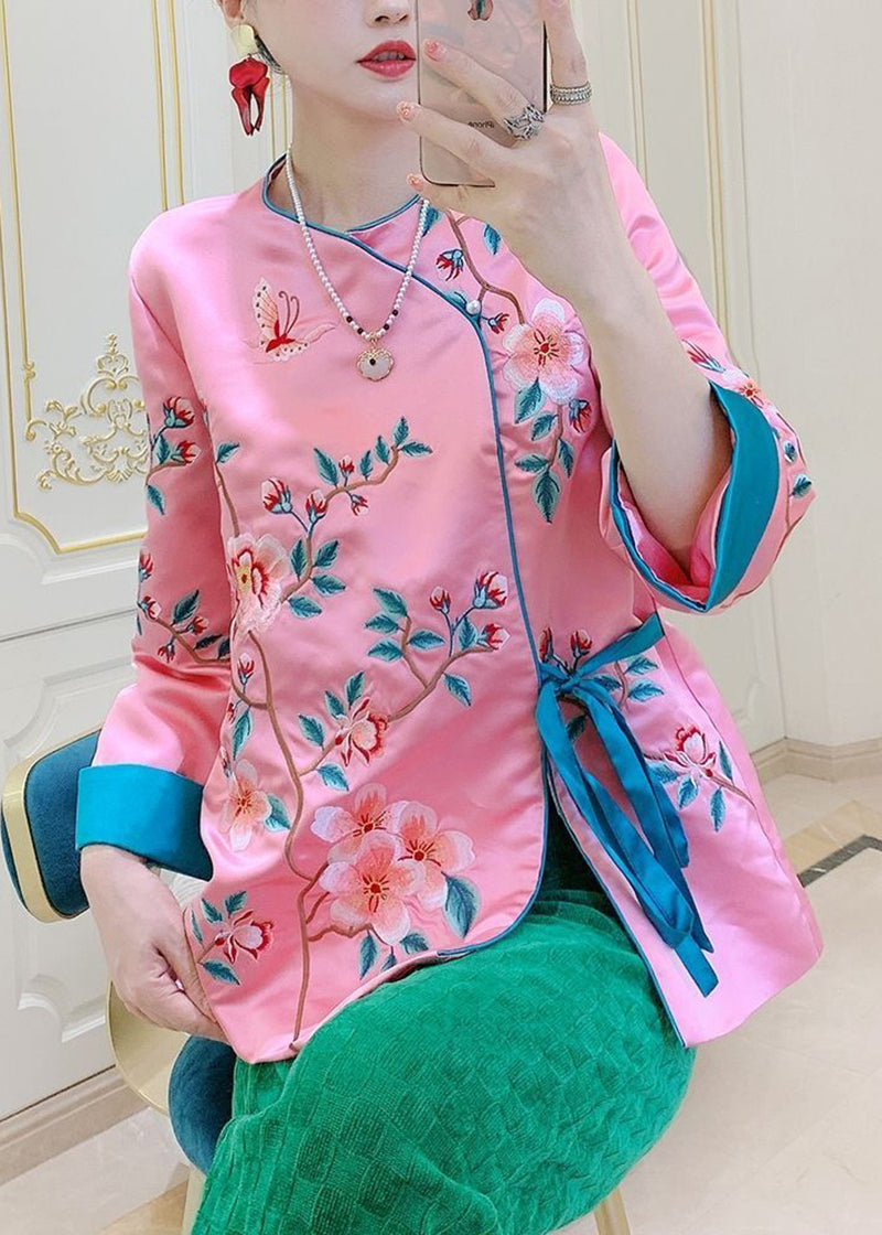 Chinese Style Pink Embroideried Tie Waist Silk Shirt Tops Spring LY2762 - fabuloryshop