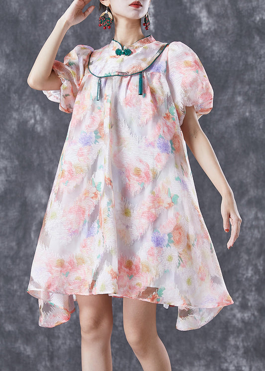 Chinese Style Pink Mandarin Collar Print Silk A Line Dress Puff Sleeve LY6720 - fabuloryshop