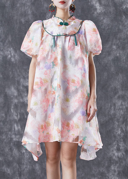 Chinese Style Pink Mandarin Collar Print Silk A Line Dress Puff Sleeve LY6720 - fabuloryshop