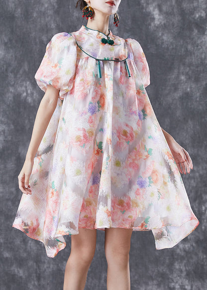 Chinese Style Pink Mandarin Collar Print Silk A Line Dress Puff Sleeve LY6720 - fabuloryshop