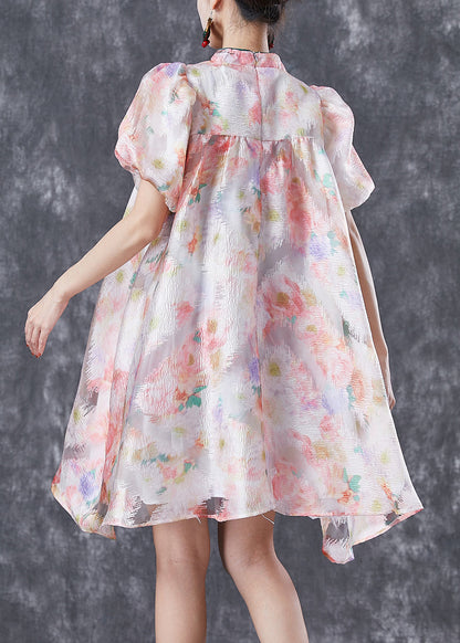 Chinese Style Pink Mandarin Collar Print Silk A Line Dress Puff Sleeve LY6720 - fabuloryshop