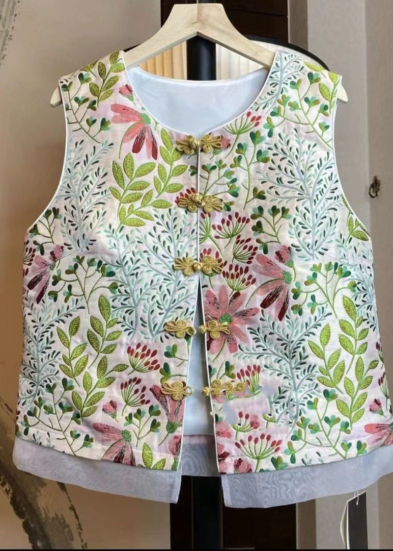 Chinese Style Pink O Neck Embroideried Patchwork Silk Vest Sleeveless LY4144 - fabuloryshop