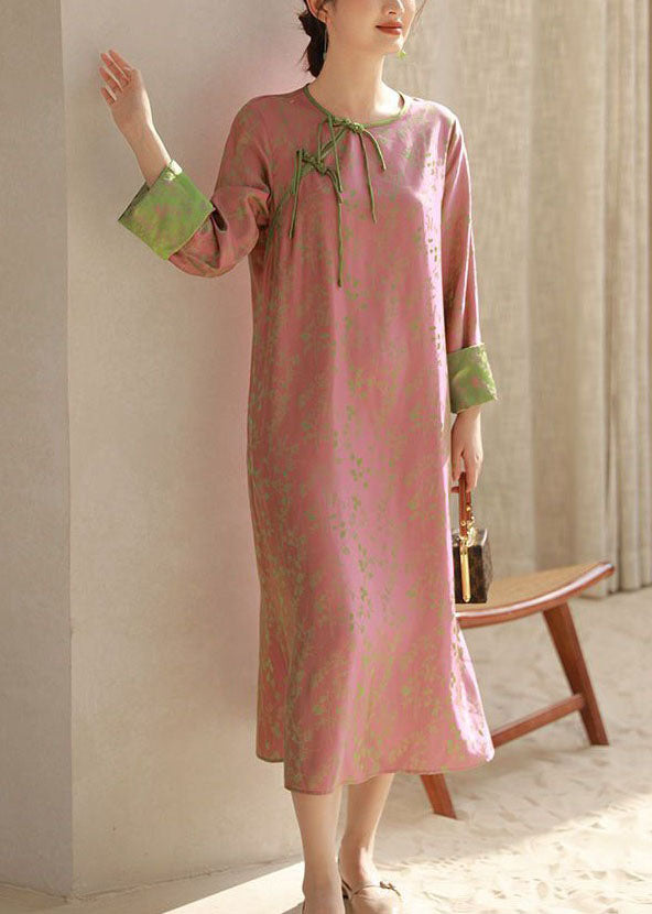 Chinese Style Pink O Neck Tasseled Patchwork Print Silk Dresses Spring LY1715 - fabuloryshop