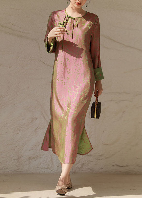 Chinese Style Pink O Neck Tasseled Patchwork Print Silk Dresses Spring LY1715 - fabuloryshop