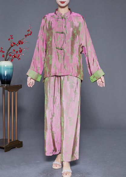 Chinese Style Pink Print Chinese Button Silk Shirts And Pants Two Pieces Set Fall LY5370 - fabuloryshop