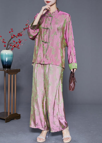 Chinese Style Pink Print Chinese Button Silk Shirts And Pants Two Pieces Set Fall LY5370 - fabuloryshop