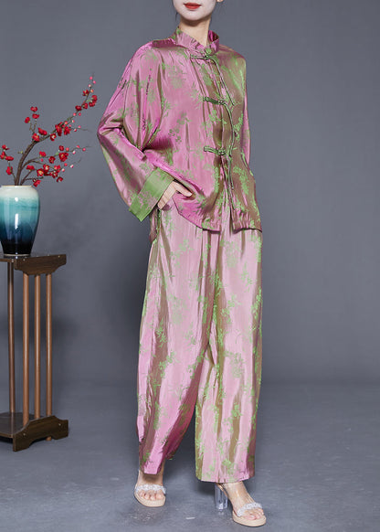 Chinese Style Pink Print Chinese Button Silk Shirts And Pants Two Pieces Set Fall LY5370 - fabuloryshop