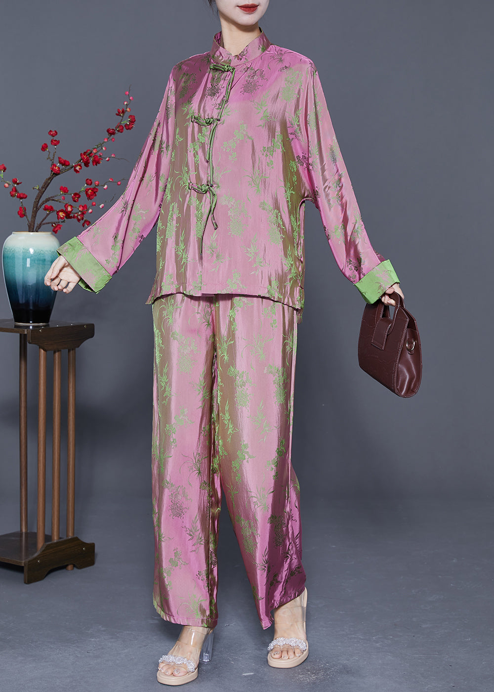 Chinese Style Pink Print Chinese Button Silk Shirts And Pants Two Pieces Set Fall LY5370 - fabuloryshop