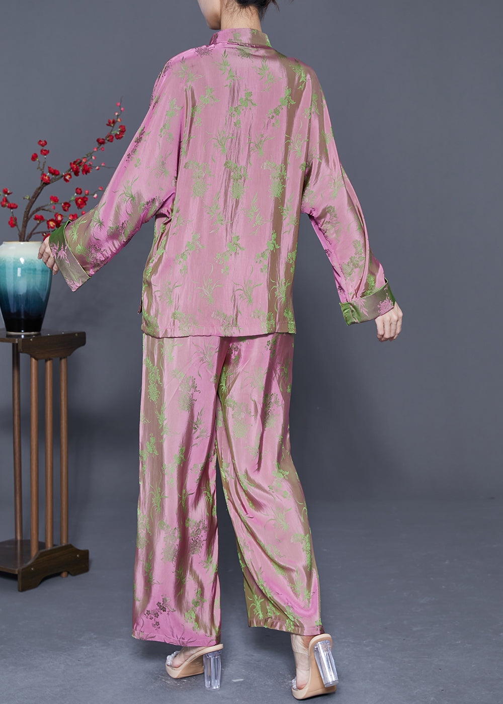 Chinese Style Pink Print Chinese Button Silk Shirts And Pants Two Pieces Set Fall LY5370 - fabuloryshop