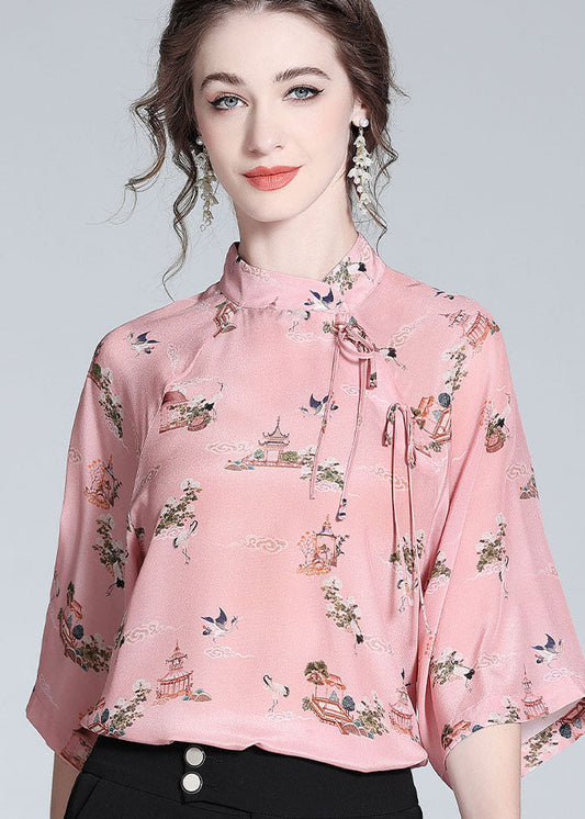 Chinese Style Pink Stand Collar Patchwork Print Silk Blouses Spring LY0122 - fabuloryshop