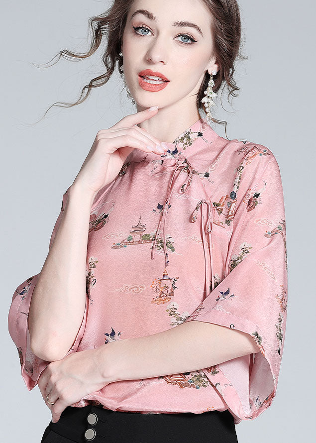 Chinese Style Pink Stand Collar Patchwork Print Silk Blouses Spring LY0122 - fabuloryshop