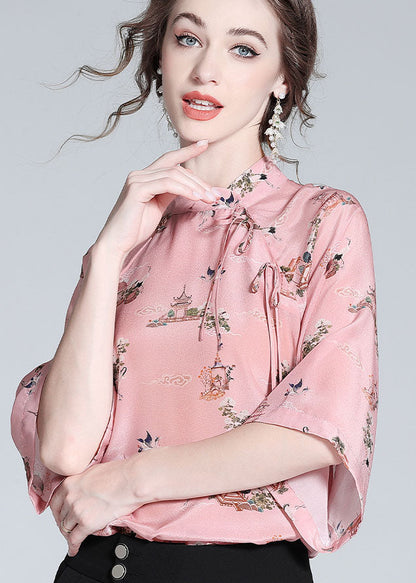 Chinese Style Pink Stand Collar Patchwork Print Silk Blouses Spring LY0122 - fabuloryshop