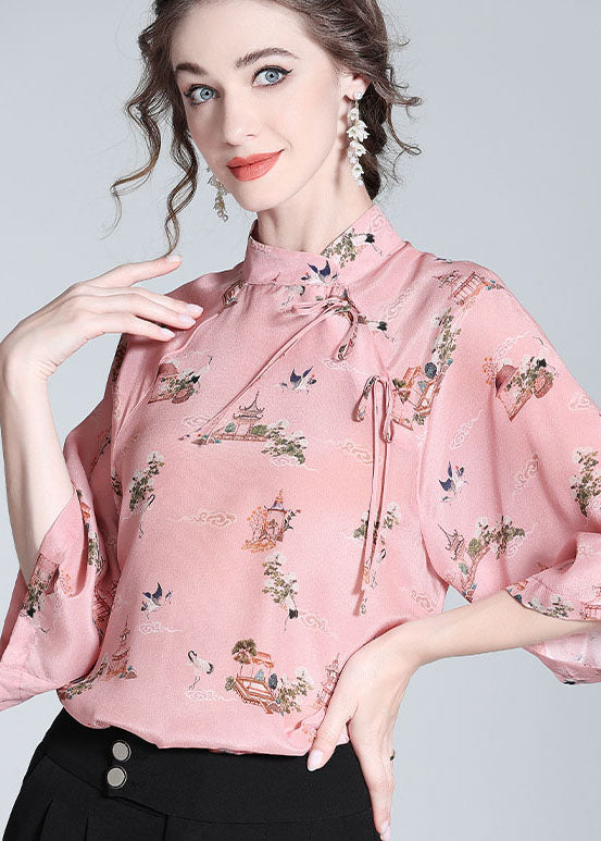 Chinese Style Pink Stand Collar Patchwork Print Silk Blouses Spring LY0122 - fabuloryshop