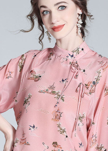 Chinese Style Pink Stand Collar Patchwork Print Silk Blouses Spring LY0122 - fabuloryshop