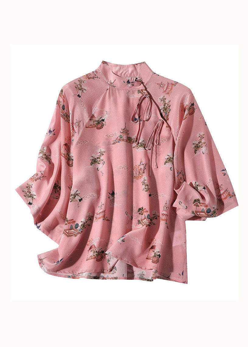 Chinese Style Pink Stand Collar Patchwork Print Silk Blouses Spring LY0122 - fabuloryshop