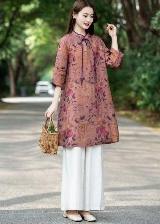 Chinese Style Pink Tasseled Print Patchwork Linen Dress Bracelet Sleeve LY2499