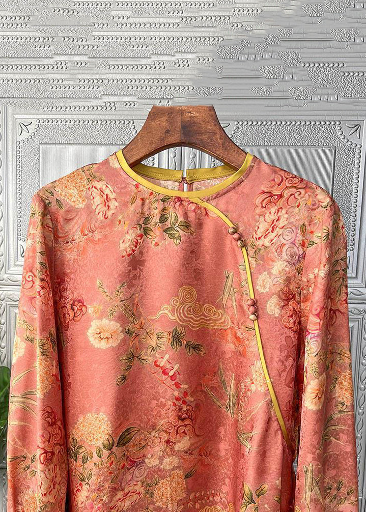 Chinese Style Print O-Neck Patchwork Silk Tops Fall Ada Fashion