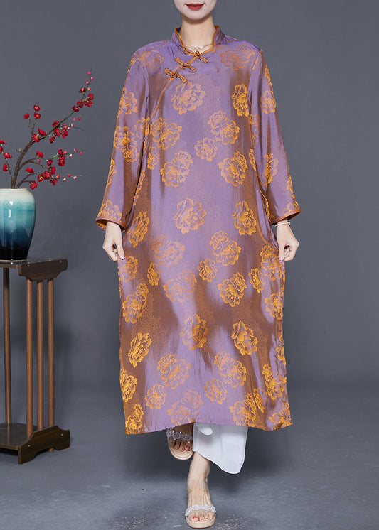 Chinese Style Purple Chinese Button Print Silk Dress Gown Summer LY5595 - fabuloryshop