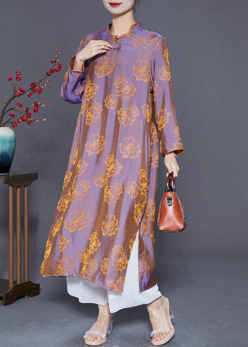 Chinese Style Purple Chinese Button Print Silk Dress Gown Summer LY5595 - fabuloryshop