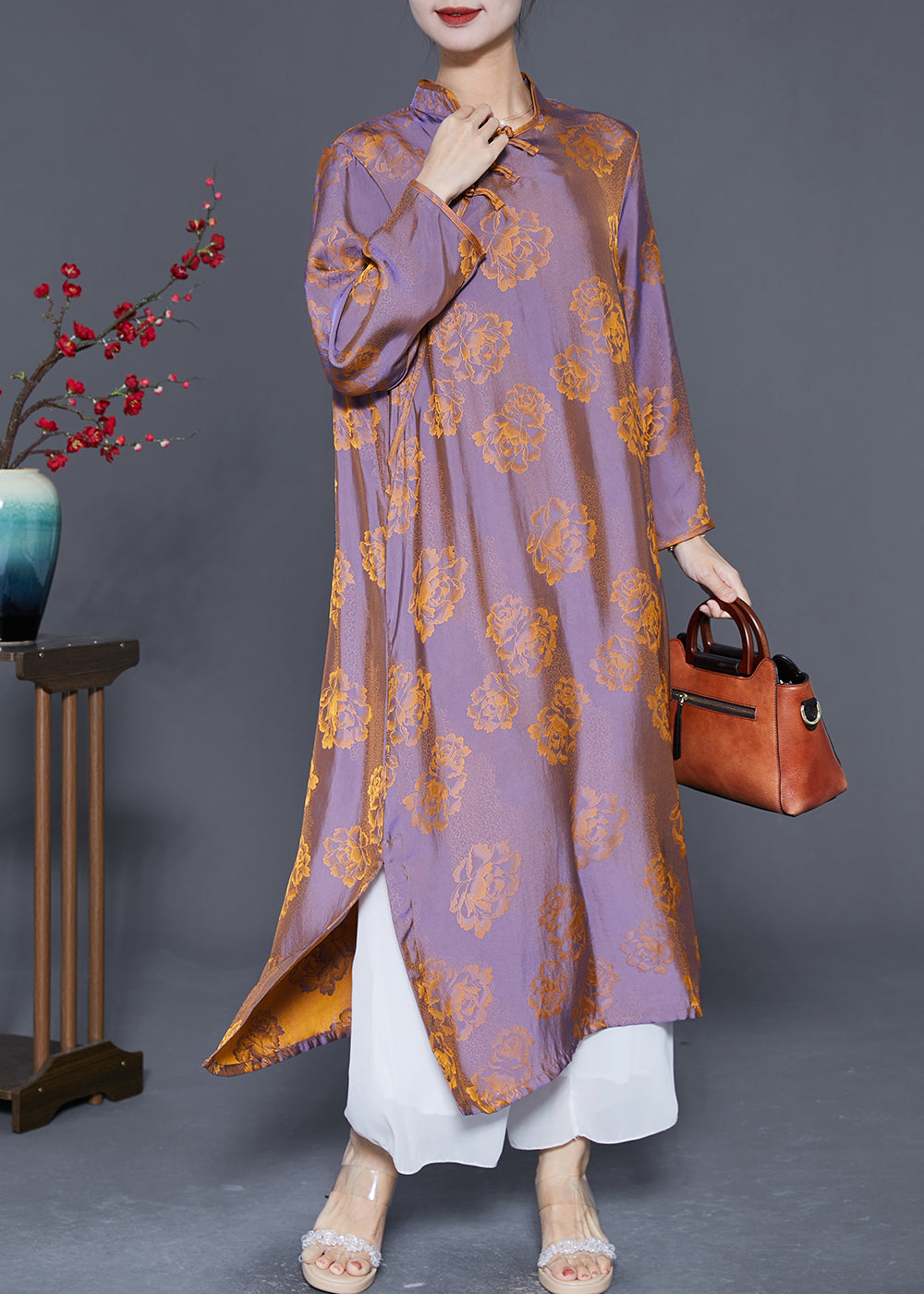 Chinese Style Purple Chinese Button Print Silk Dress Gown Summer LY5595 - fabuloryshop