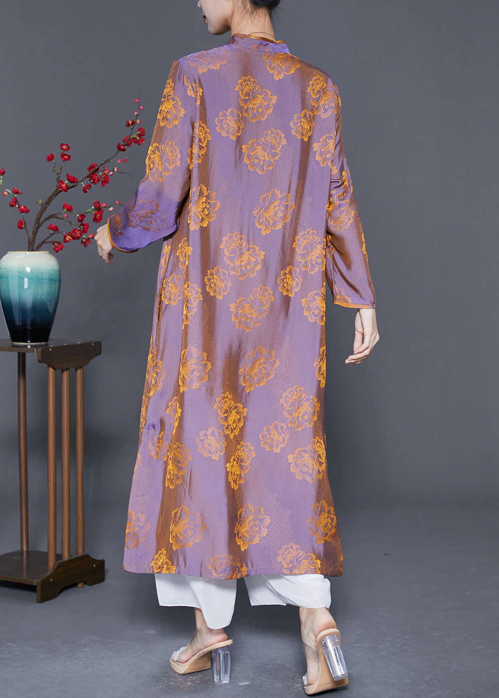 Chinese Style Purple Chinese Button Print Silk Dress Gown Summer LY5595 - fabuloryshop