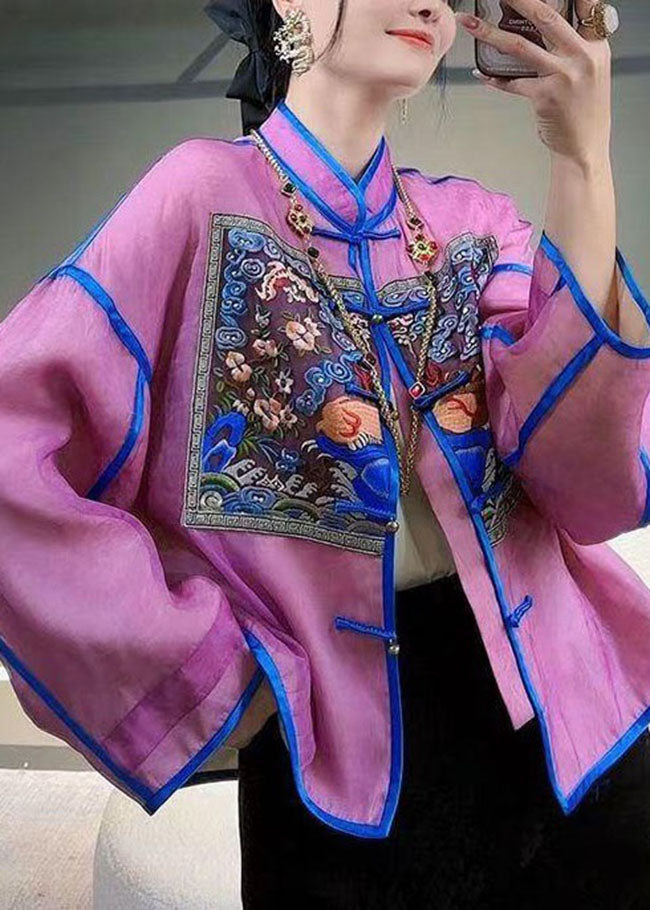 Chinese Style Purple Embroideried Patchwork Silk Tops Spring LY4550 - fabuloryshop