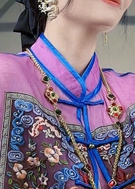 Chinese Style Purple Embroideried Patchwork Silk Tops Spring LY4550 - fabuloryshop