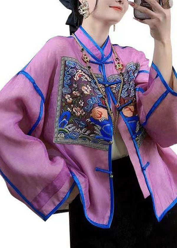 Chinese Style Purple Embroideried Patchwork Silk Tops Spring LY4550 - fabuloryshop