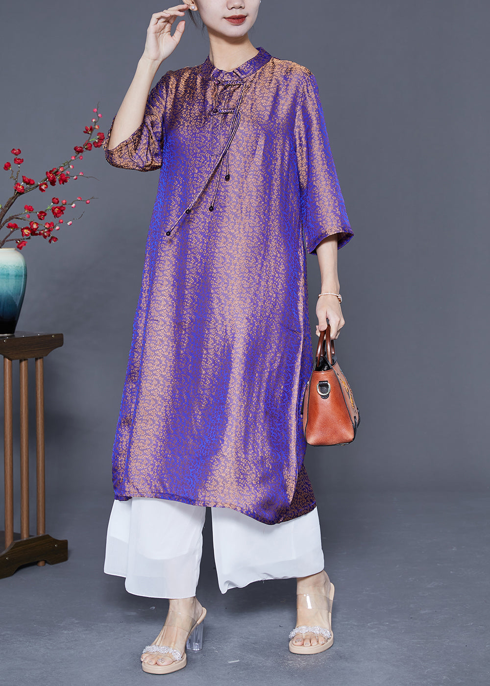 Chinese Style Purple Mandarin Collar Gradient Color Tassel Silk Long Dress Summer LY5375 - fabuloryshop