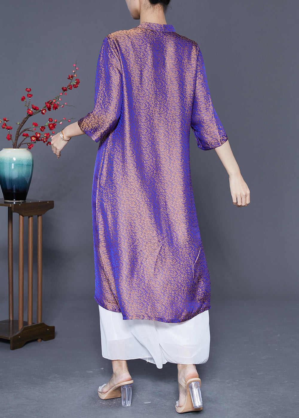 Chinese Style Purple Mandarin Collar Gradient Color Tassel Silk Long Dress Summer LY5375 - fabuloryshop