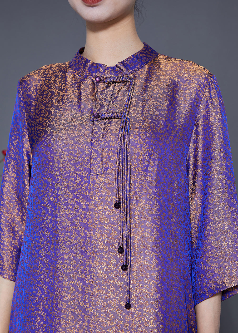 Chinese Style Purple Mandarin Collar Gradient Color Tassel Silk Long Dress Summer LY5375 - fabuloryshop