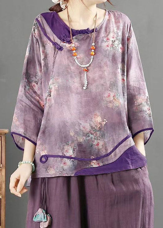 Chinese Style Purple O Neck Button Print Patchwork Linen Top Summer LY4057 - fabuloryshop