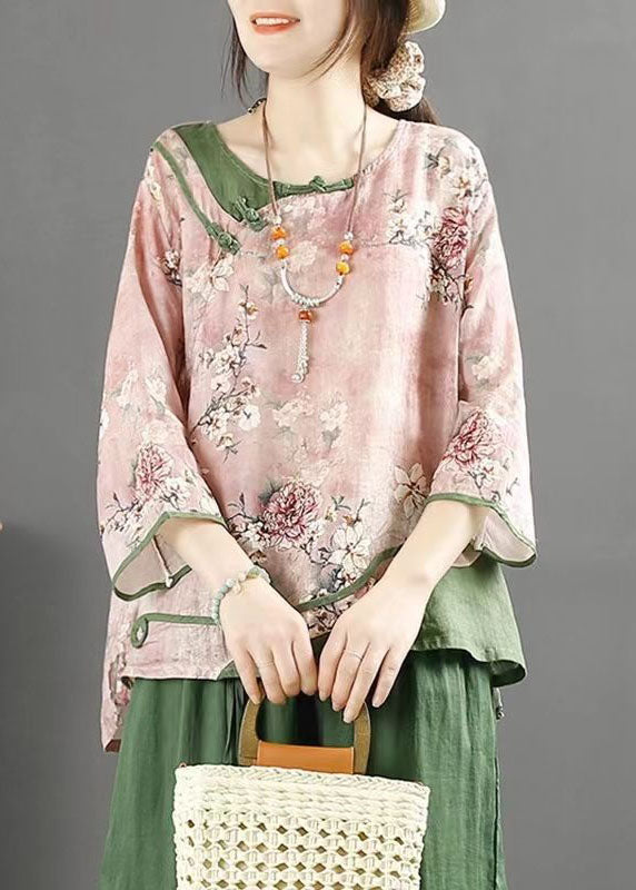 Chinese Style Purple O Neck Button Print Patchwork Linen Top Summer LY4057 - fabuloryshop