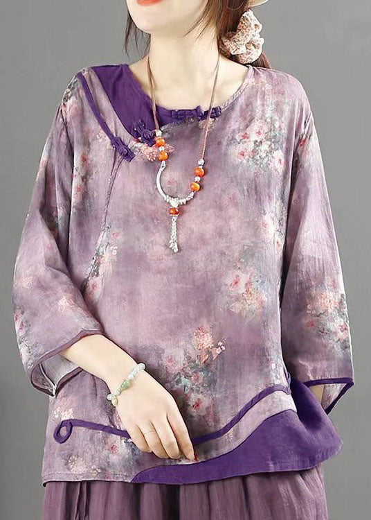 Chinese Style Purple O Neck Button Print Patchwork Linen Top Summer LY4057 - fabuloryshop