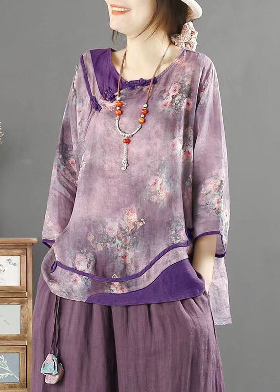 Chinese Style Purple O Neck Button Print Patchwork Linen Top Summer LY4057 - fabuloryshop