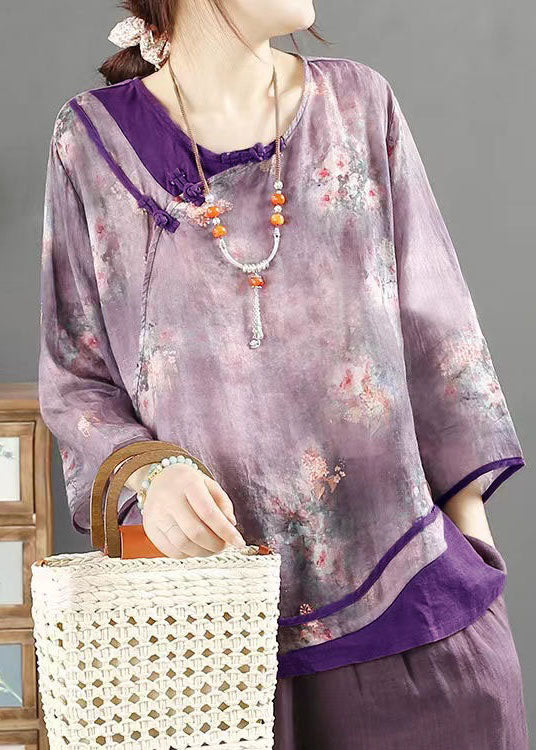 Chinese Style Purple O Neck Button Print Patchwork Linen Top Summer LY4057 - fabuloryshop