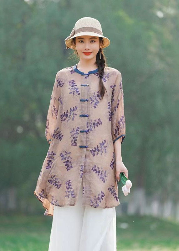 Chinese Style Purple Print Button Patchwork Mid Linen Shirts Summer LY2486 - fabuloryshop