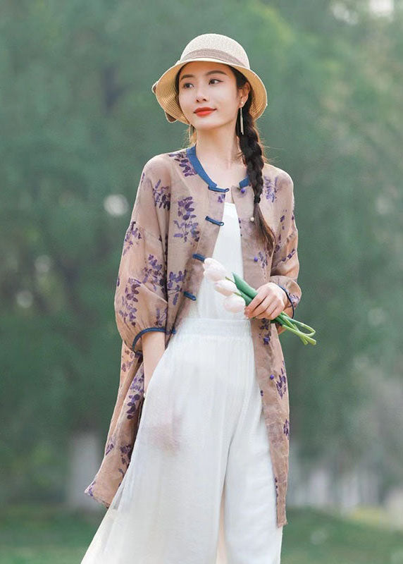 Chinese Style Purple Print Button Patchwork Mid Linen Shirts Summer LY2486 - fabuloryshop