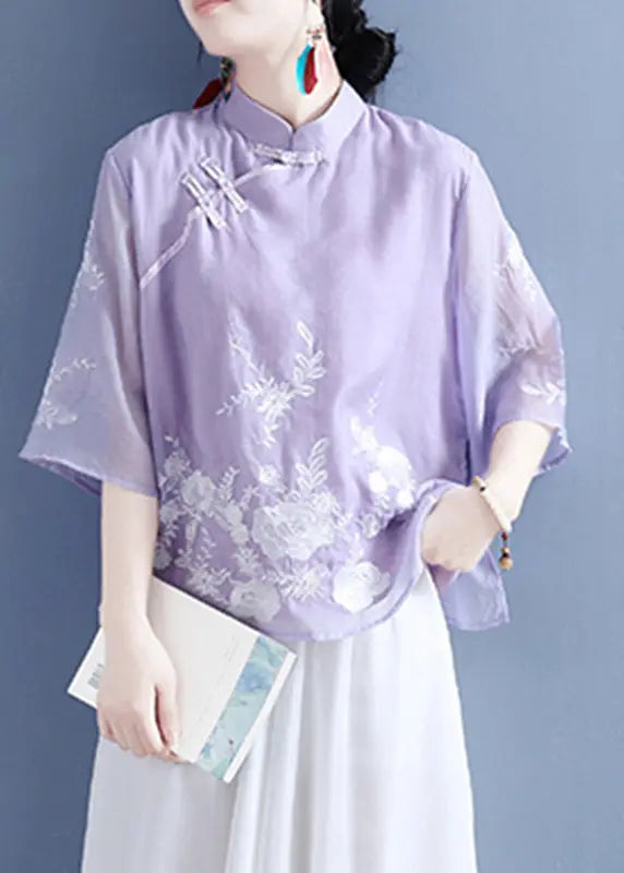 Chinese Style Purple Stand Collar Embroideried Button Silk Linen Shirt Bracelet Sleeve Ada Fashion