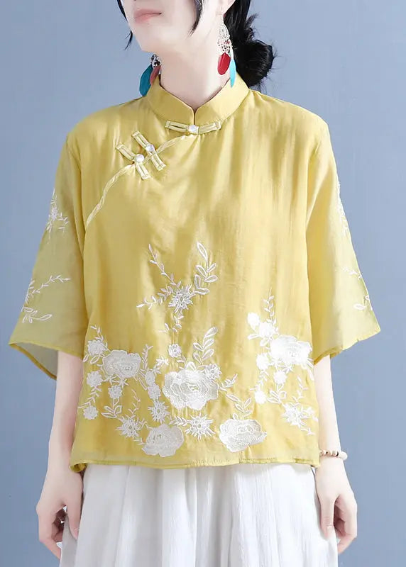 Chinese Style Purple Stand Collar Embroideried Button Silk Linen Shirt Bracelet Sleeve Ada Fashion