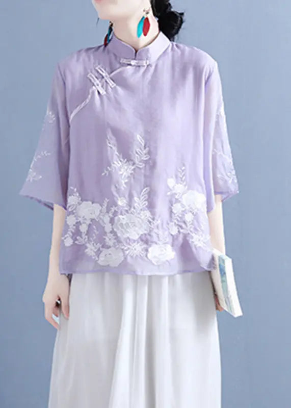 Chinese Style Purple Stand Collar Embroideried Button Silk Linen Shirt Bracelet Sleeve Ada Fashion