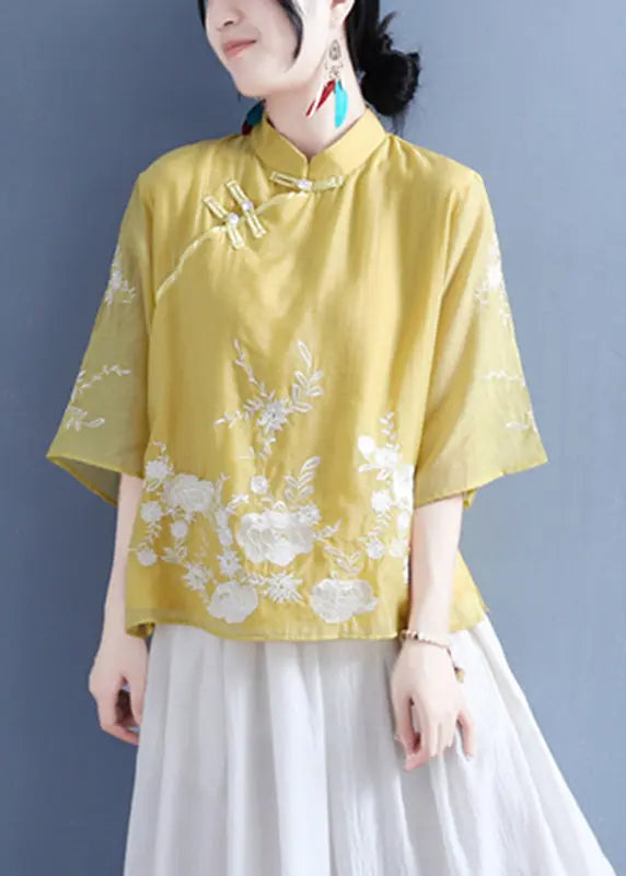 Chinese Style Purple Stand Collar Embroideried Button Silk Linen Shirt Bracelet Sleeve Ada Fashion